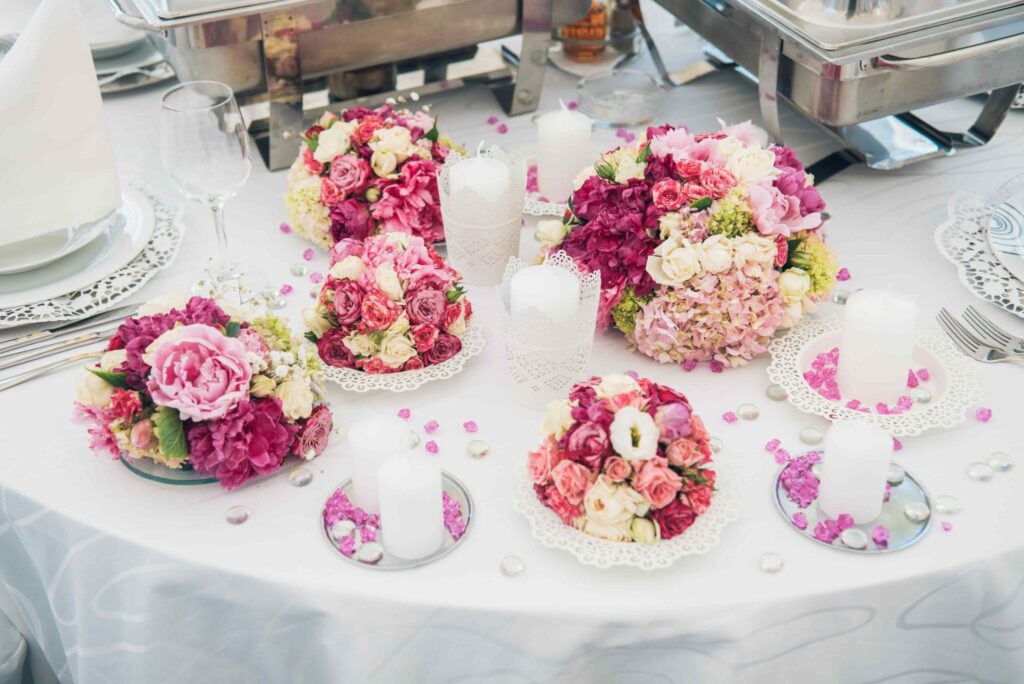 Decorated wedding table for a reception during wedding season at Sand Hollow Resort.